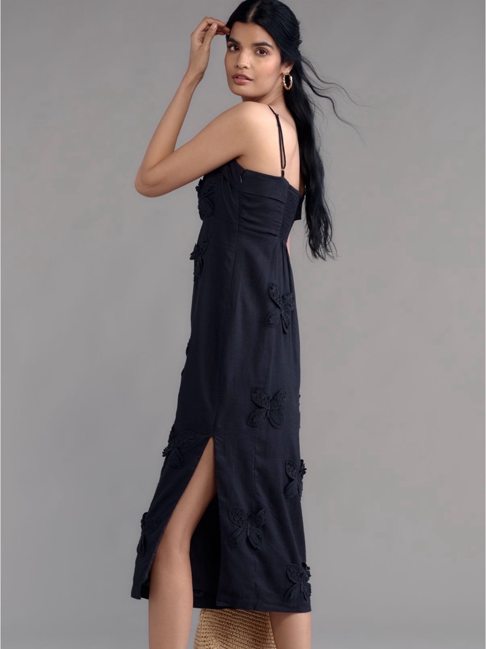 Anthropologie Maeve Linen Blend Appliqué Midi Dress size XS Black